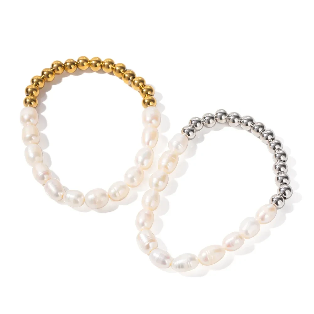 Margaux Freshwater Pearl Bracelet Trendy Stainless Steel Freshwater Pearl Round Bead Bracelet