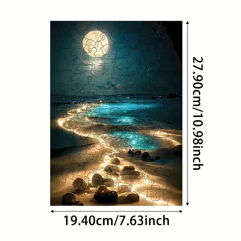 Unique Moonlit Beach Wooden Puzzle - Animal-Shaped Brain Teaser for Adults