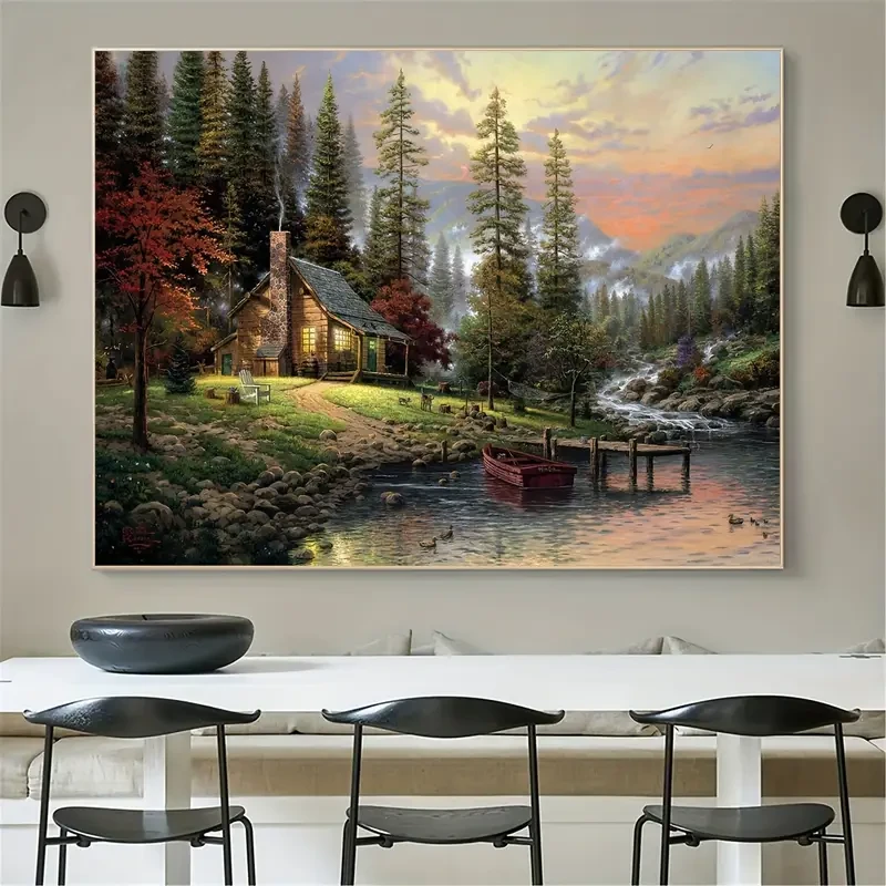 1pc Unframed Rustic Forest Lake Wooden House Scenery Canvas Poster
