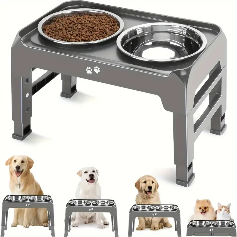 4-Height Adjustable Elevated Dog Bowls Stand 2 Stainless Steel Bowls for Large & Medium Dogs