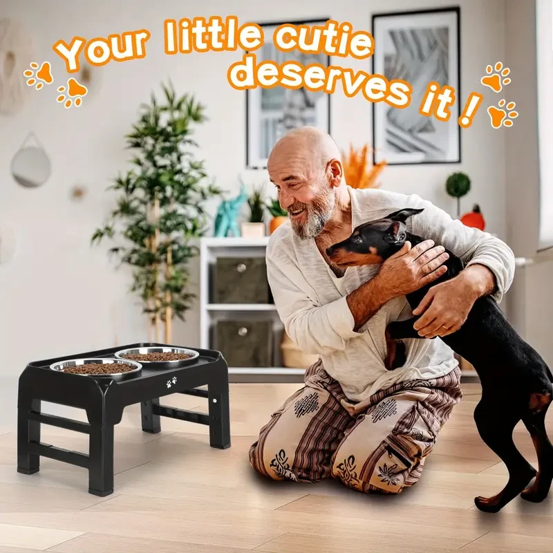 4-Height Adjustable Elevated Dog Bowls Stand  2 Stainless Steel Bowls for Large & Medium Dogs