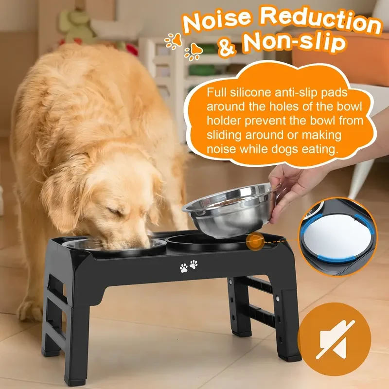 4-Height Adjustable Elevated Dog Bowls Stand 2 Stainless Steel Bowls for Large & Medium Dogs