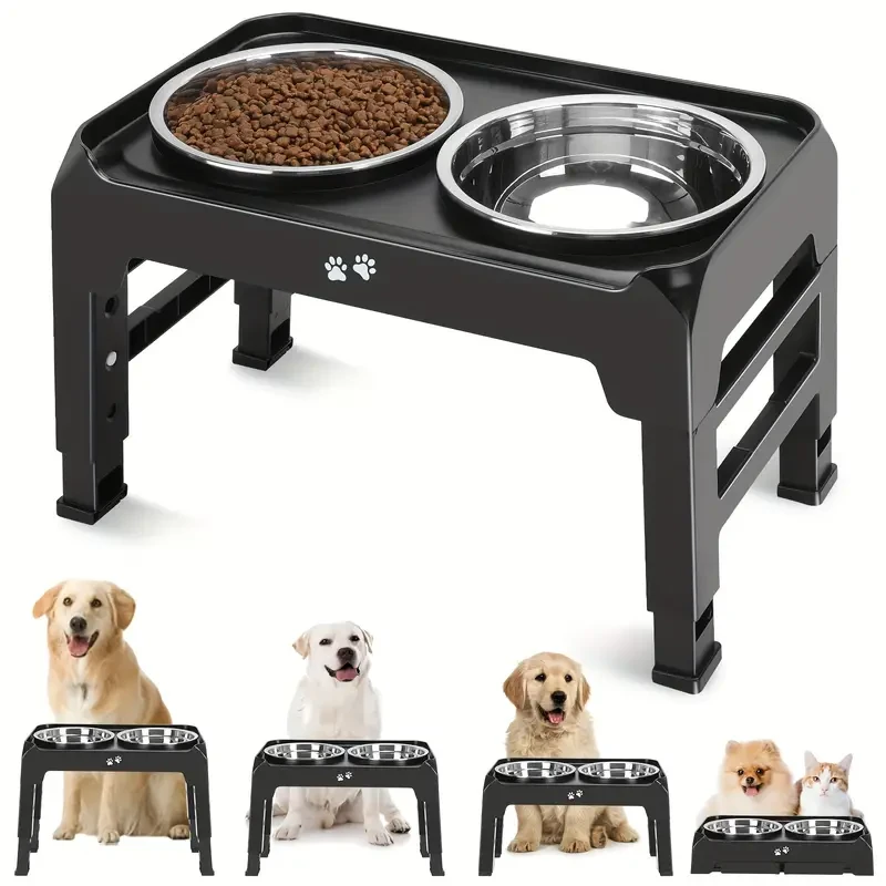 4-Height Adjustable Elevated Dog Bowls Stand 2 Stainless Steel Bowls for Large & Medium Dogs
