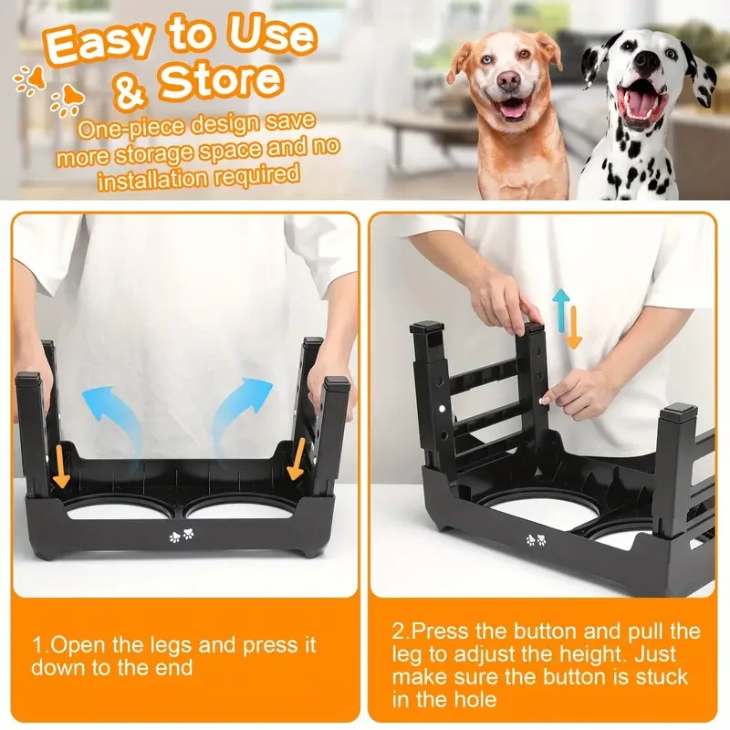 4-Height Adjustable Elevated Dog Bowls Stand 2 Stainless Steel Bowls for Large & Medium Dogs