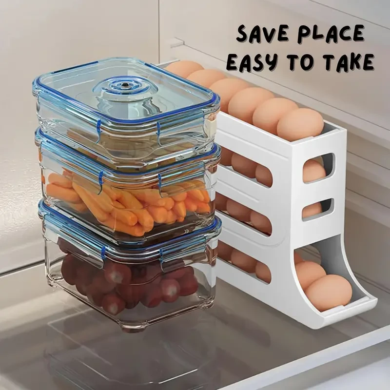 Automatic Rolling Egg Rack - Space-Saving Kitchen Egg Organizer and Dispenser