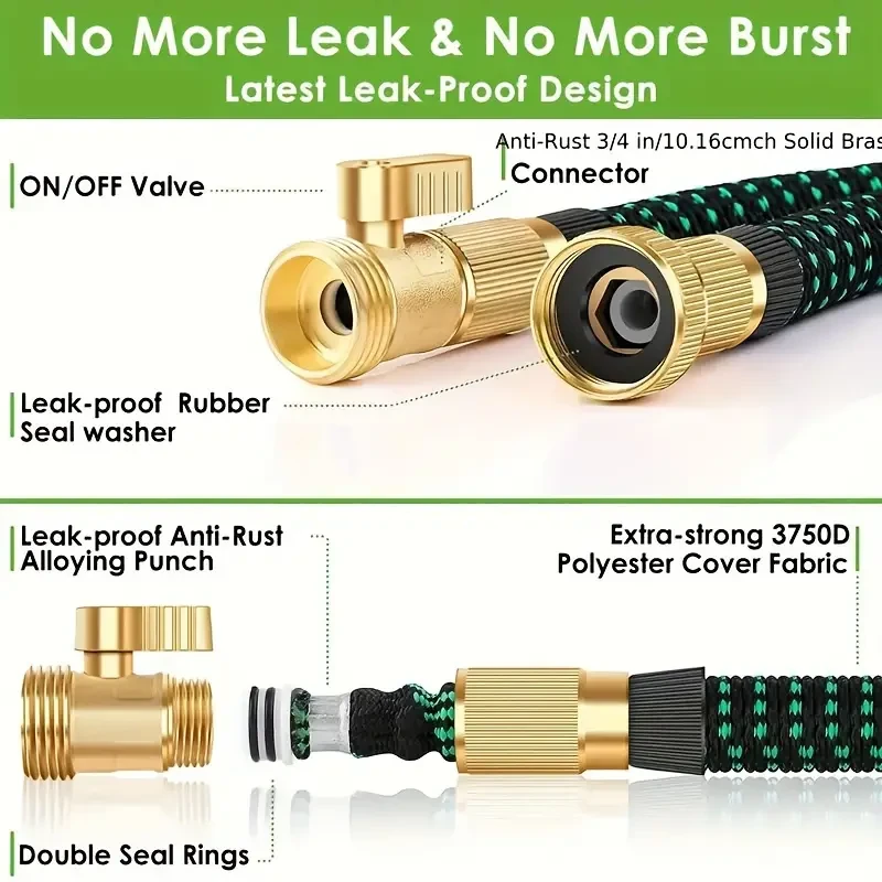 100ft Expandable Garden Hose - Thickened Flexible Water Hose with 10 Function Nozzle and 3/4" Leakproof Brass Connectors
