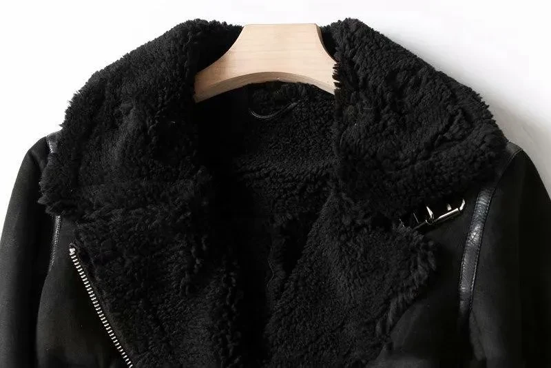 Lapel Jacket Suede Lamb Wool Warm Coat Motorcycle