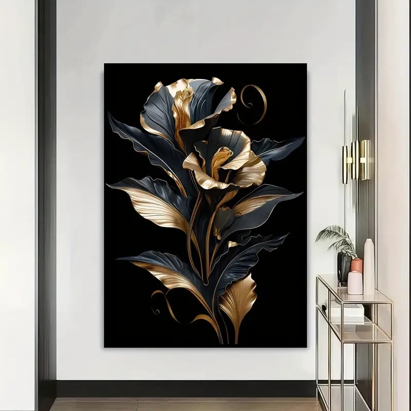 Black & Golden Floral Canvas Art Frameless Wall Decor