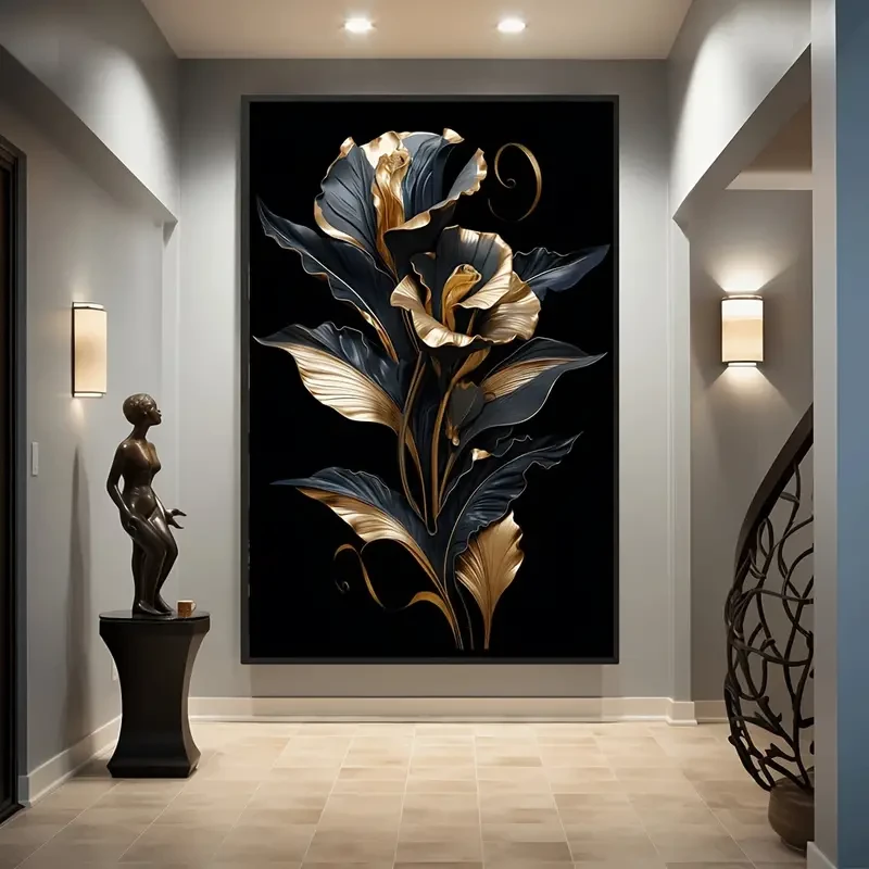 Black & Golden Floral Canvas Art Frameless Wall Decor