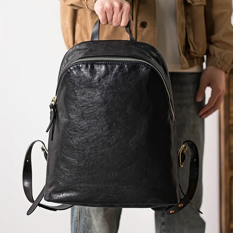Vintage Style Waterproof Cowhide Men's Backpack - Trendy Retro Leather Bag for Travel and Commute