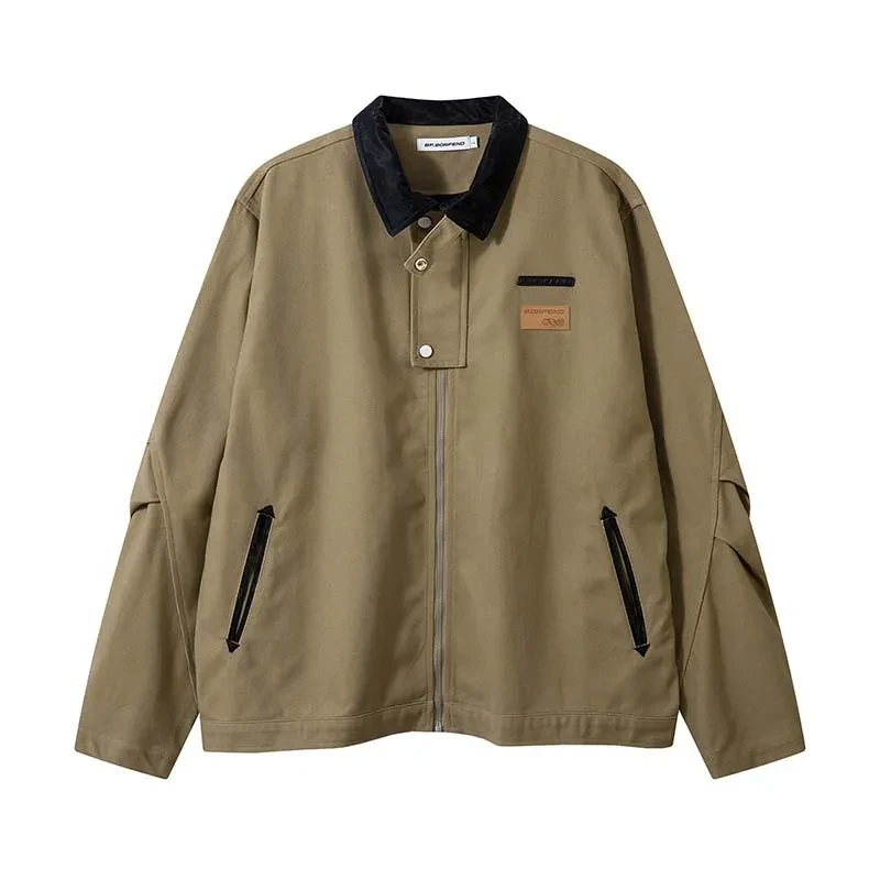 Vintage Crumpled Letters Polo Collar Jacket Men's Clothing Baggy Coat