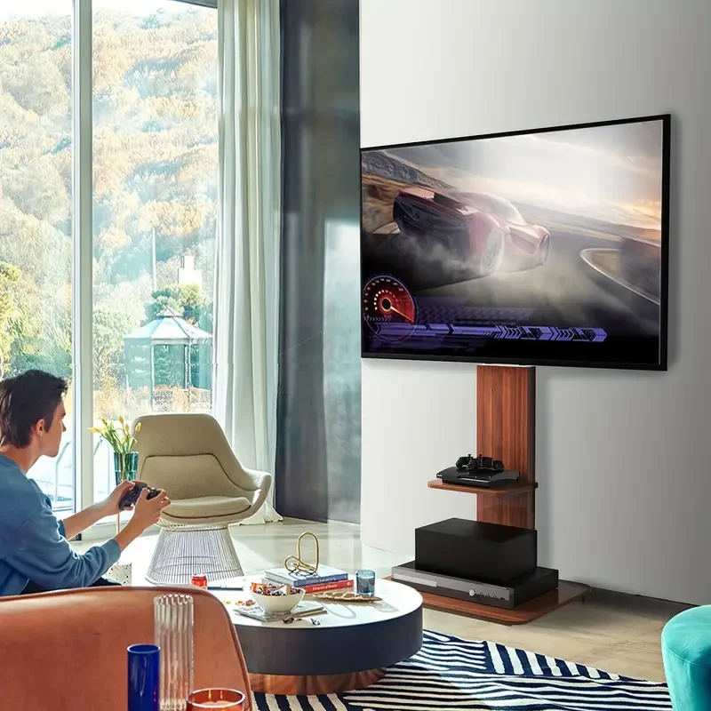 Industrial TV Floor Stand with Adjustable Mount & Wood Shelves