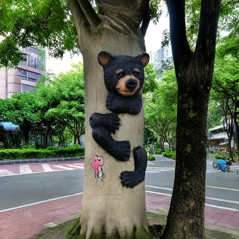 Resin Black Bear Tree Hugger Sculpture  Garden Decoration