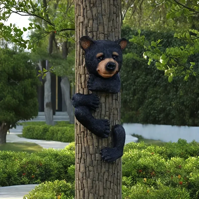 Resin Black Bear Tree Hugger Sculpture  Garden Decoration