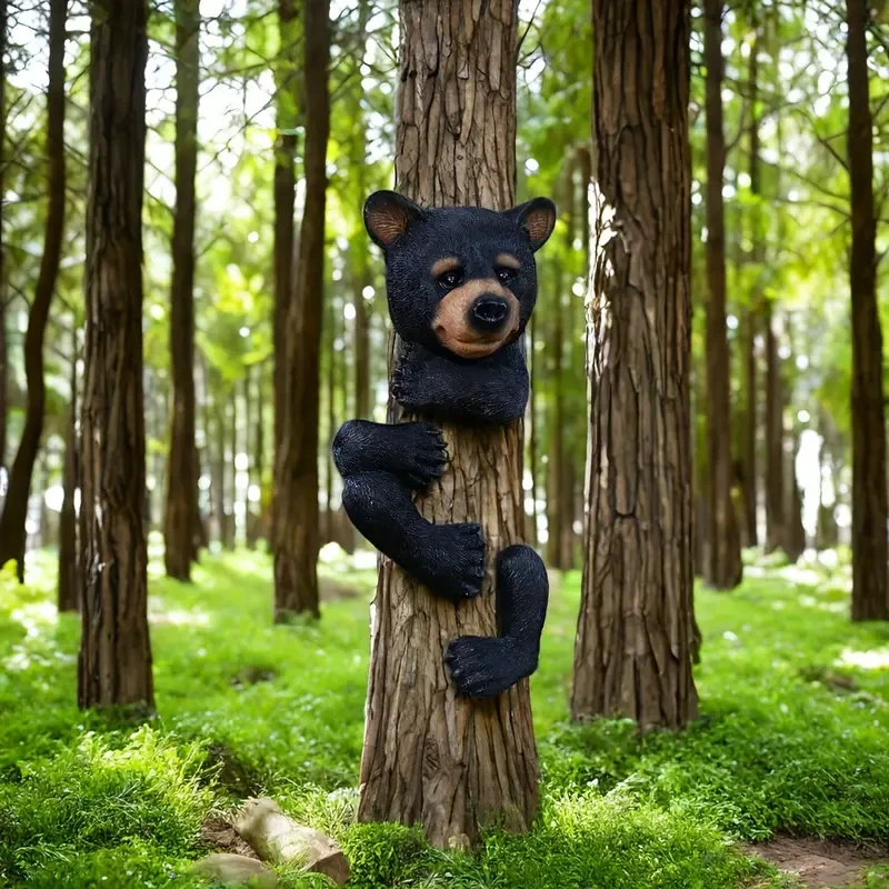 Resin Black Bear Tree Hugger Sculpture  Garden Decoration