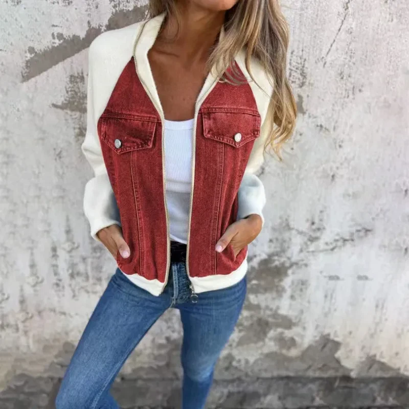 Denim Patchwork Jacket Casual Hooded Zipper Jacket