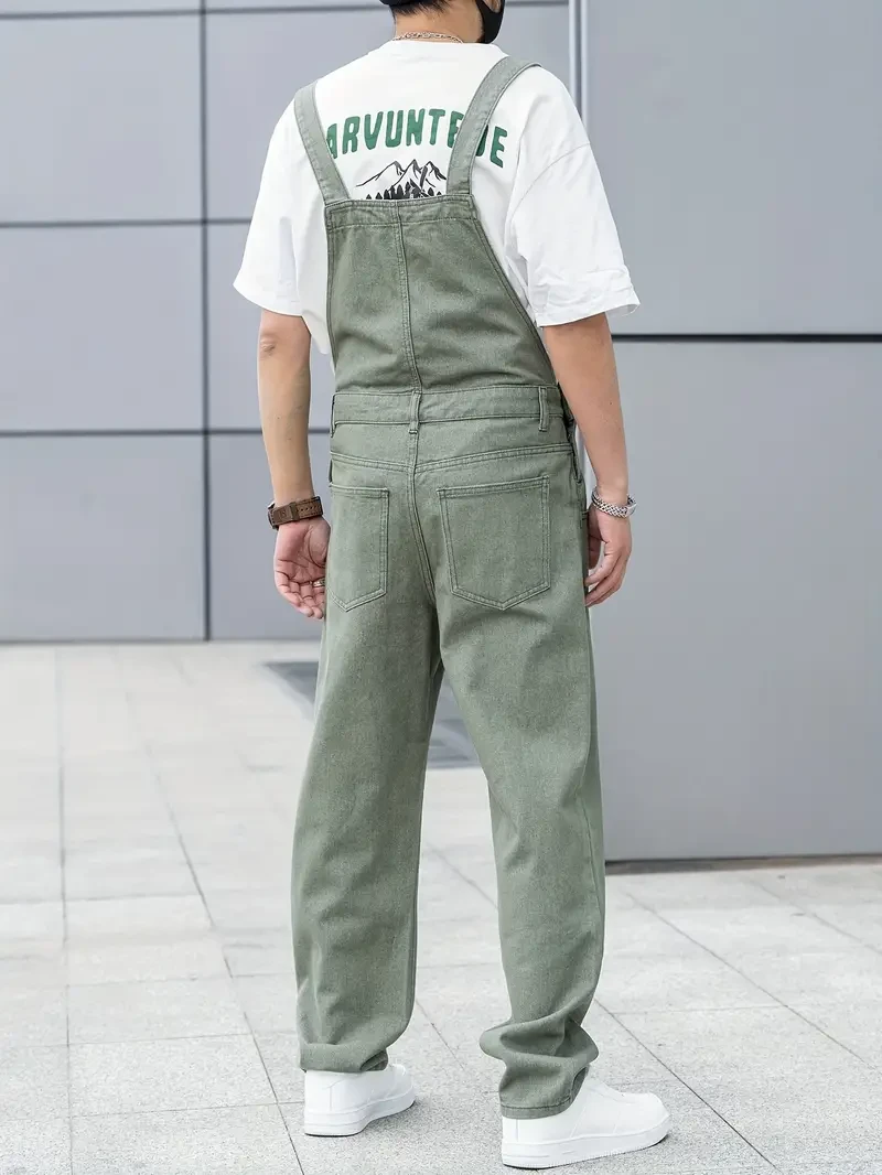 Men's All-Season Green Denim Bib Overalls - Loose, Casual Streetwear