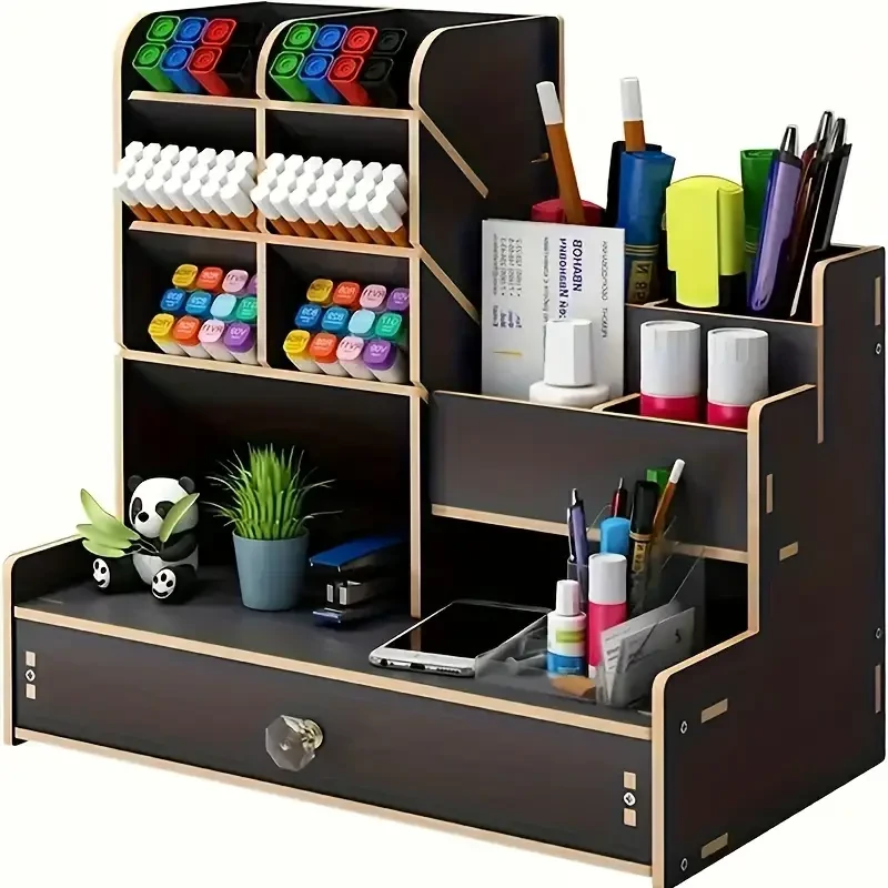 Multifunctional Wooden Desk Organizer with File and Pen Holder, Sustainable Fiber Board Structure, Black Synthetic Material, Non-Washable - Ideal for Daily Office Use
