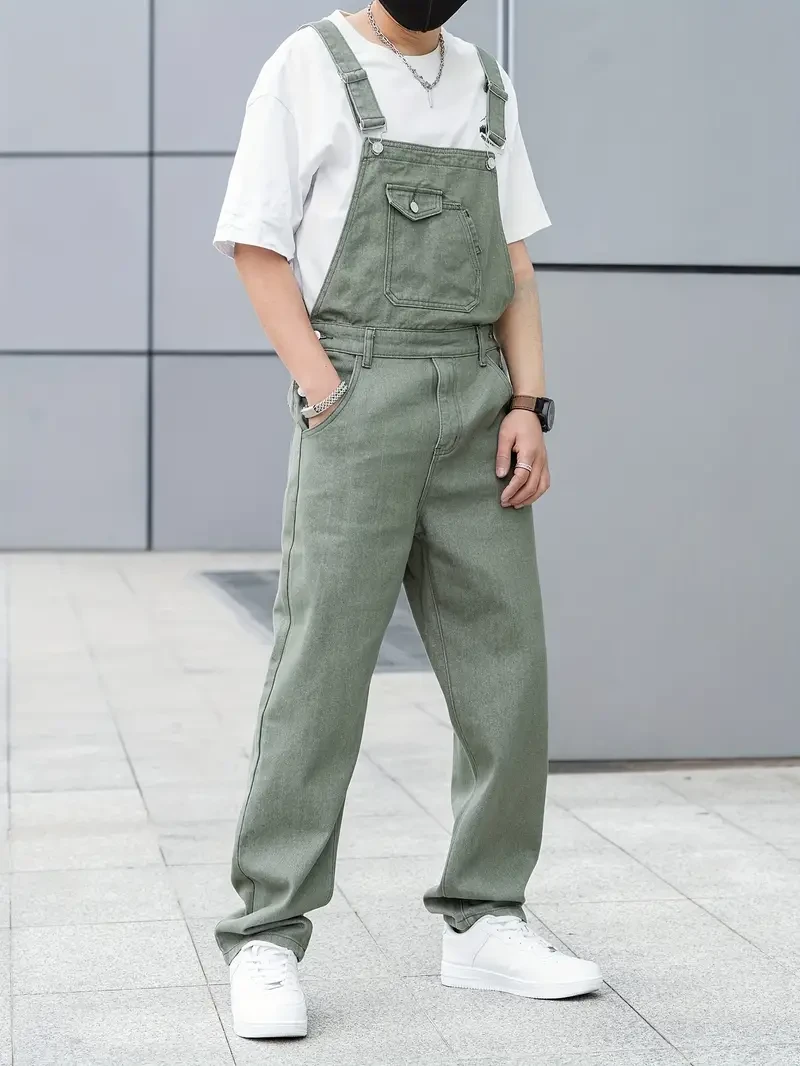 Men's All-Season Green Denim Bib Overalls - Loose, Casual Streetwear