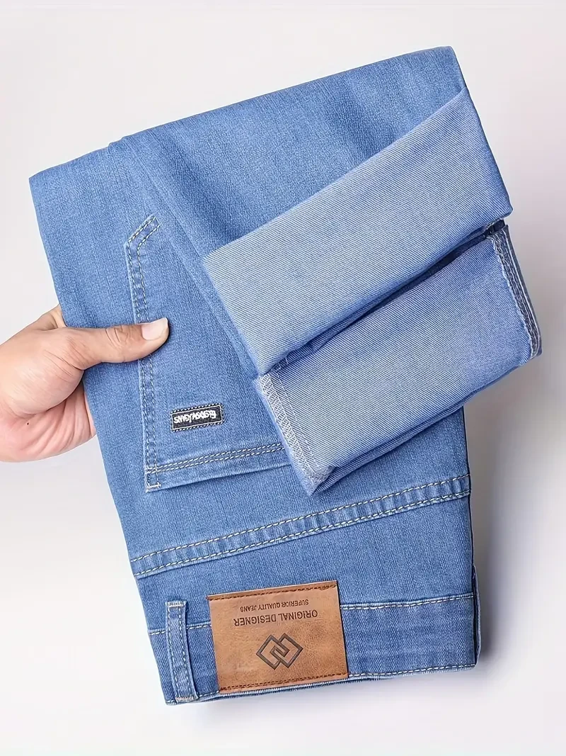 Men's Solid Thin Washed Denim Trousers - Summer Casual Jeans