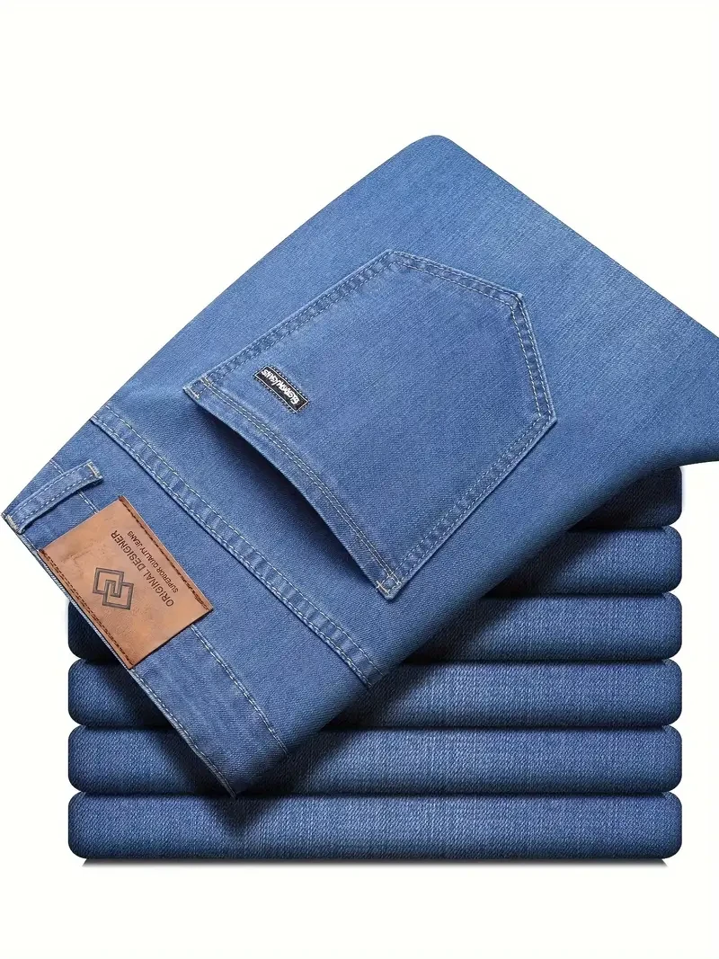 Men's Solid Thin Washed Denim Trousers - Summer Casual Jeans