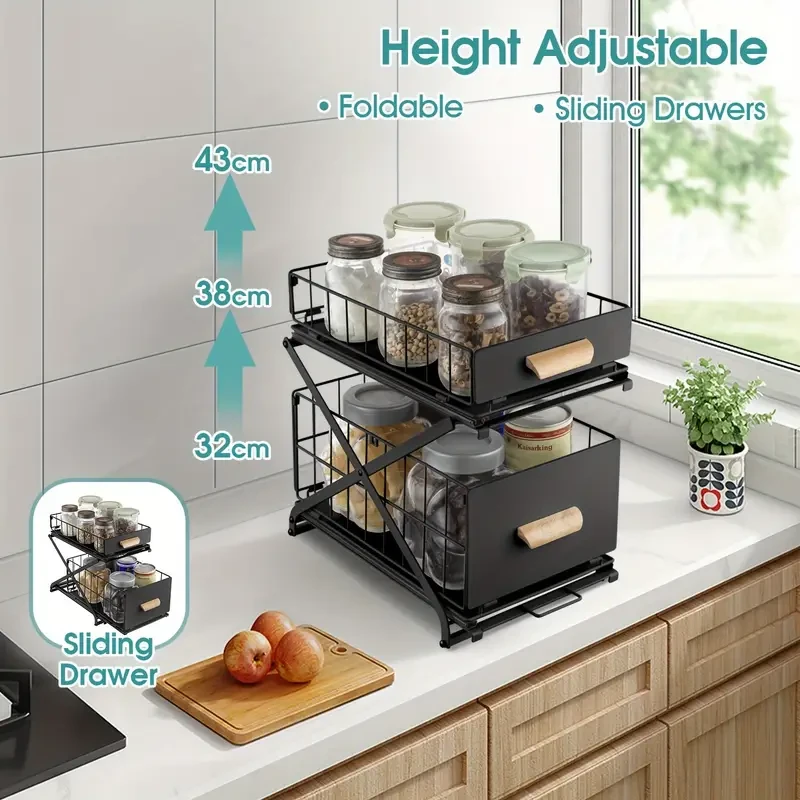 2-Tier Kitchen Bathroom Organizer Countertop Cabinet Spice Storage Basket Under Sink Basin Rack Sliding Drawer Foldable 3-Level Height Adjustable Black