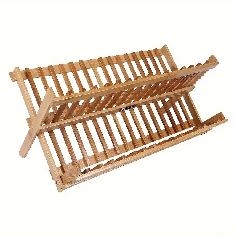 Double Tier Wooden Foldable Sink Dish Drainer Plate Cutlery Dryer Draining Rack Holder Kitchen