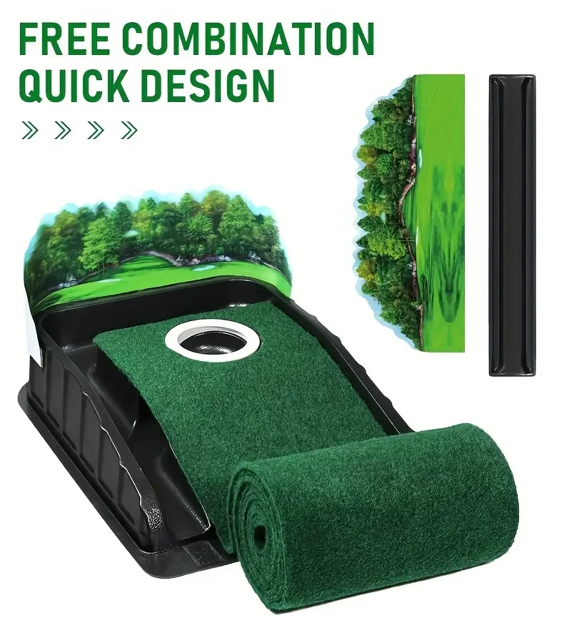 HUAEN GOLF ACCELERATOR PRO - Indoor Golf Putting Mat with Auto-Ball Return & Behind-the-Hole Ball Collector - Putter Alignment Guides at 3, 5 & 7 Feet