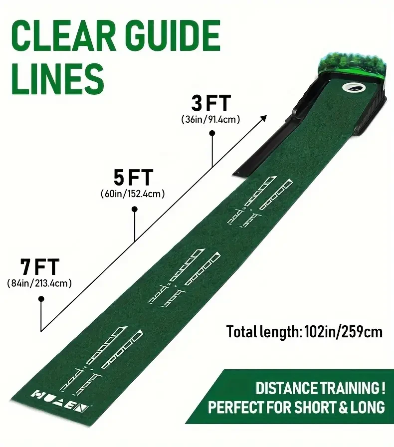 HUAEN GOLF ACCELERATOR PRO - Indoor Golf Putting Mat with Auto-Ball Return & Behind-the-Hole Ball Collector - Putter Alignment Guides at 3, 5 & 7 Feet