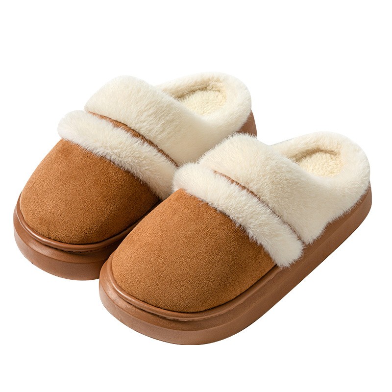 Womens Warm Cotton Slippers Thick Bottom, Non-slip Plus-Velvet Suede House Shoes