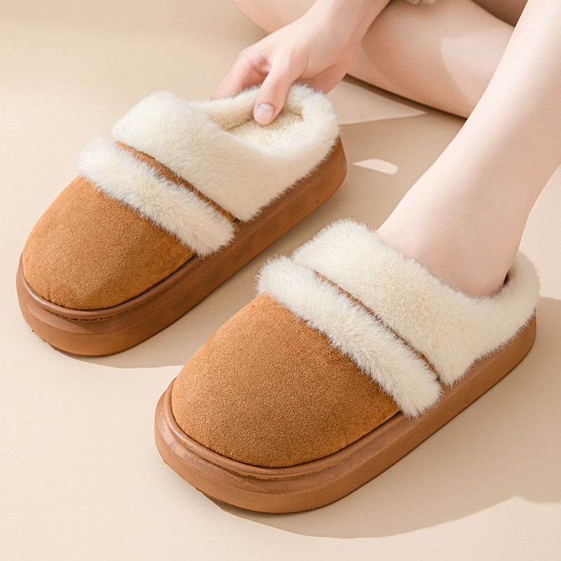 Womens Warm Cotton Slippers Thick Bottom, Non-slip Plus-Velvet Suede House Shoes