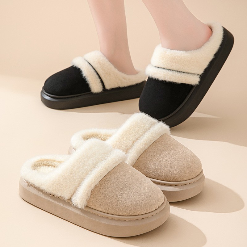 Womens Warm Cotton Slippers Thick Bottom, Non-slip Plus-Velvet Suede House Shoes