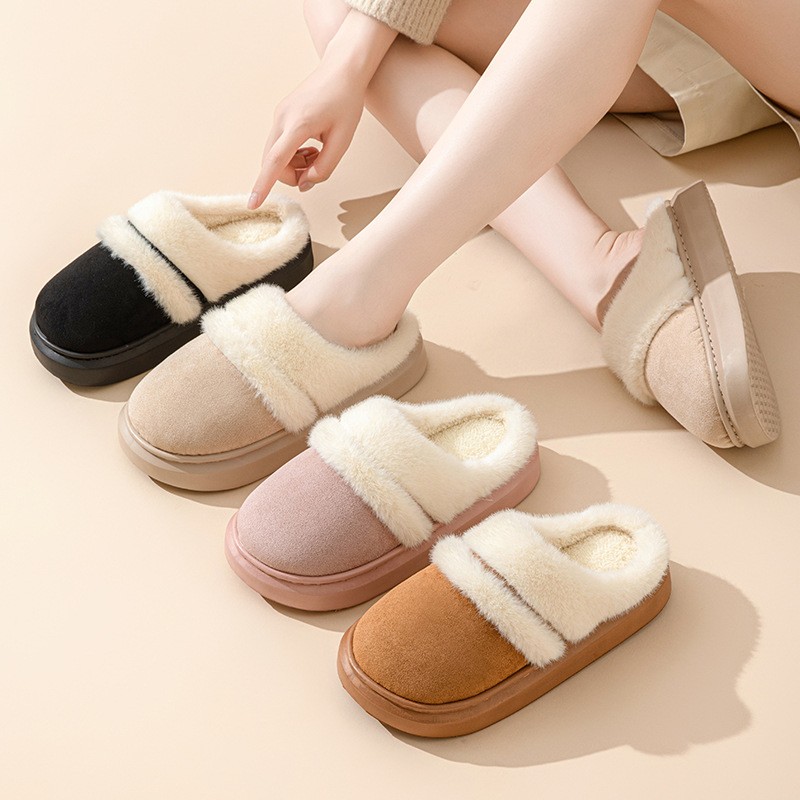 Womens Warm Cotton Slippers Thick Bottom, Non-slip Plus-Velvet Suede House Shoes