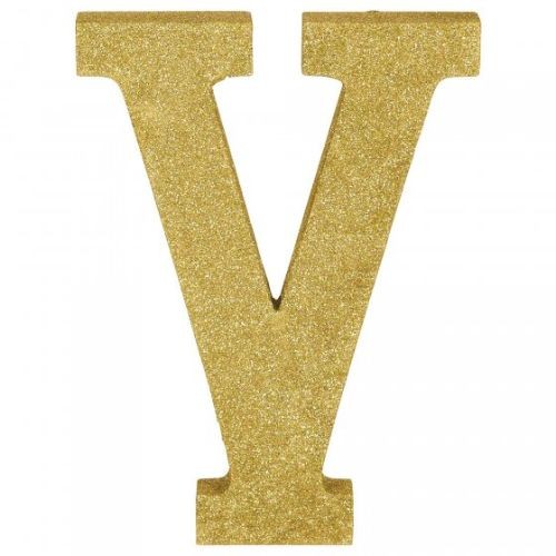 Letter V Gold Glittered Decoration Wooden