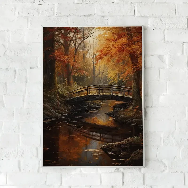 1pc Unframed Canvas Poster, Modern Art, Autumn Forest Stream Bridge