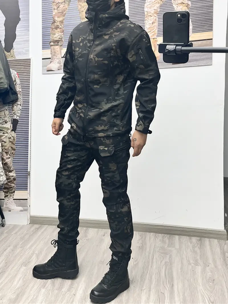 Mens Camo Outdoor Outfit Set Water-Resistant Jacket & Pants
