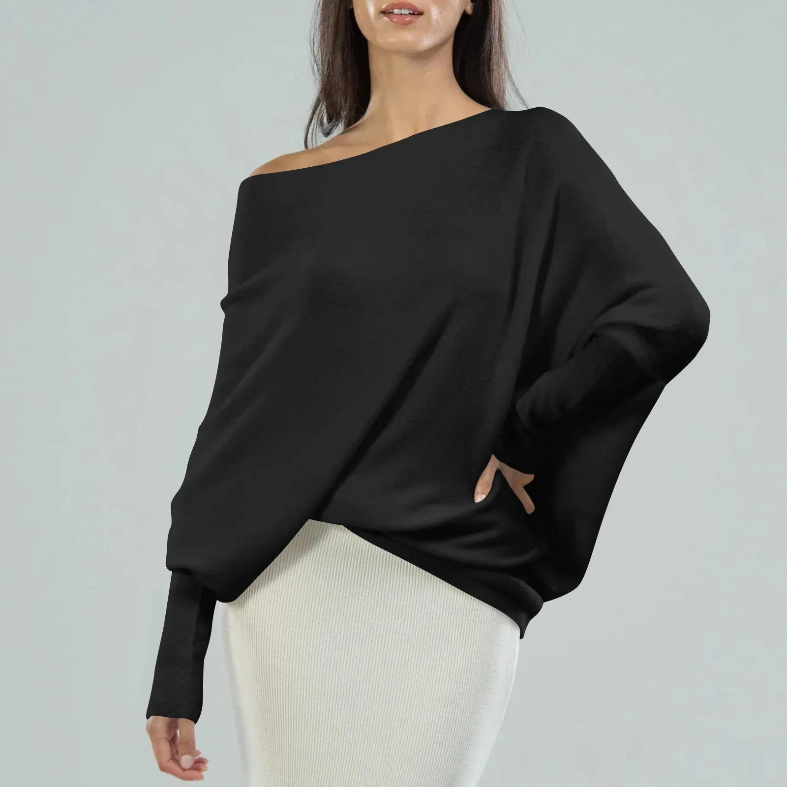 Loose Bat Sleeve Sweater Tops Simple Casual Fashion Versatile Solid Color Round Neck Sweater For Women