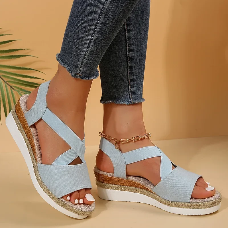 Wedge Sandals For Women Cross-strap Platform Gladiator Hemp Heel Shoes Summer