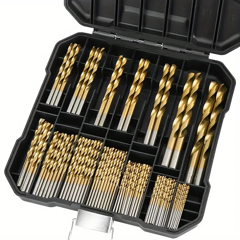 99pcs Titanium Coated High Speed Steel Drill Bit Set, HSS Round Shank Twist Drill Bits With Storage Case For Metal