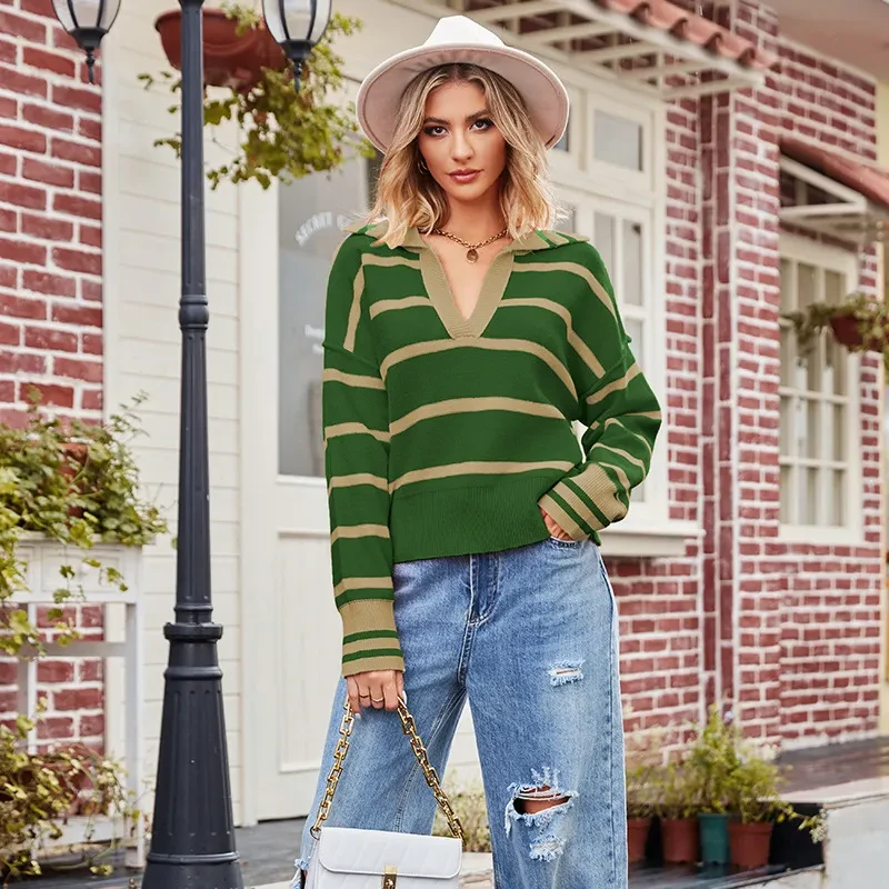 Women's Fashion Patchwork Stripes Lapel Loose Sweater