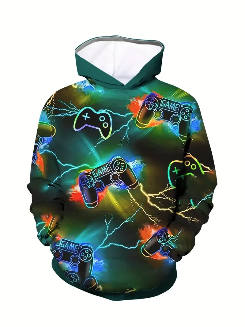3pcs Boys' Gamer Hoodie Set - 3D Game Controller Print, Long Sleeve Pullover with Pockets for Fall/Winter Outdoor Fun