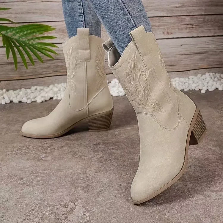 Chunky-heeled Pointed Toe Boots Winter Ethnic Style Embroidered Mid-Tube Western Shoes Women