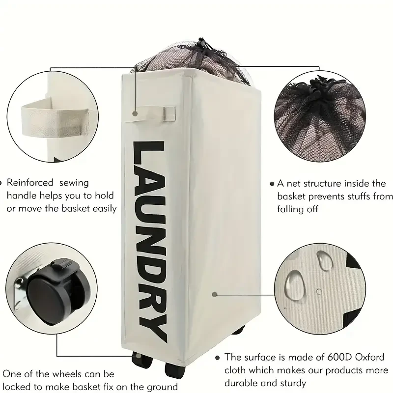 Narrow Slim Laundry Basket Collapsible Hamper with Wheels & Handle