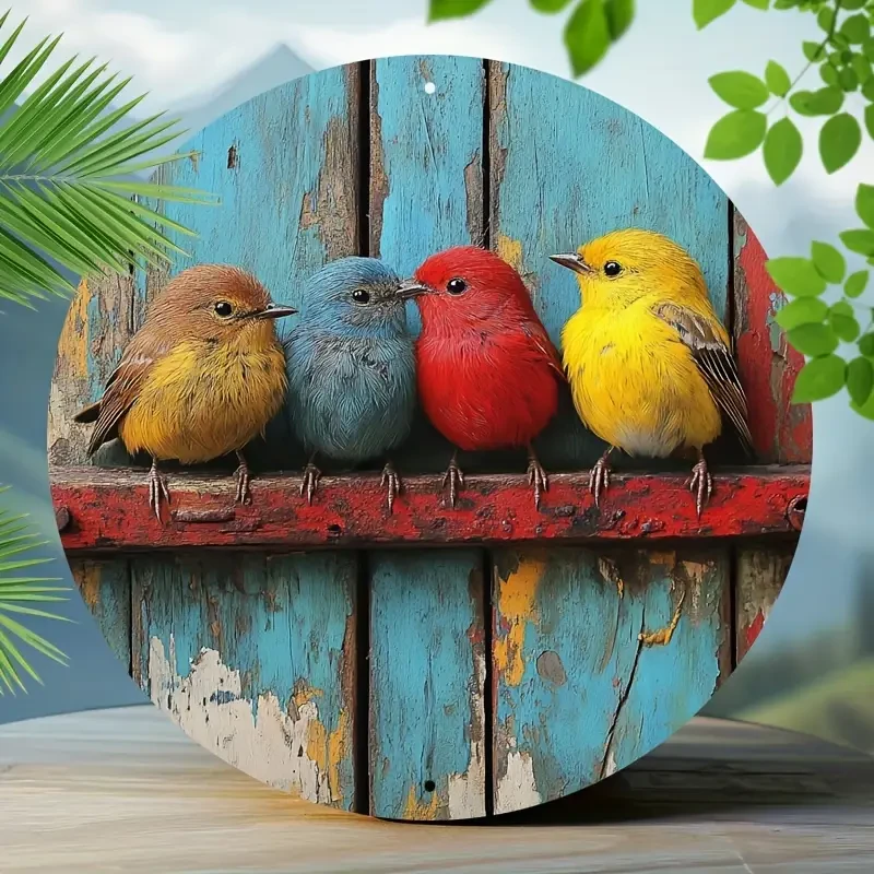 Vibrant Birds on Weathered Pipe Tin Sign - 20.32x20.32 cm