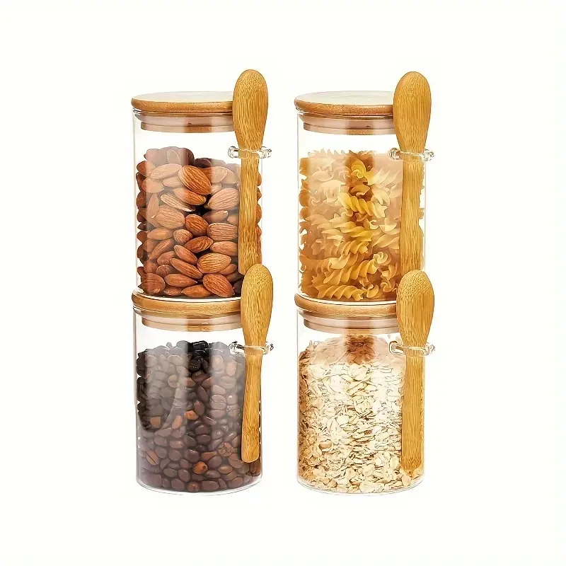 Set Of 4 Glass Jars With Bamboo Lids And Attached Spoons, 500ml Airtight Containers For Pantry Organization
