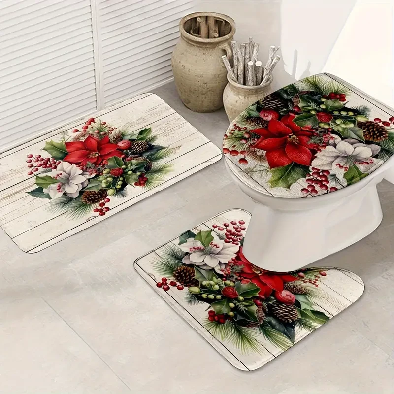 3-Piece Christmas Pine Needles Pattern Bathroom Rug Set - Soft, Washable, Non-Slip, and Machine Made - U-Shaped Bath Mat, Contour Mat, and Toilet Lid Cover for Bathroom and Bedroom Decor