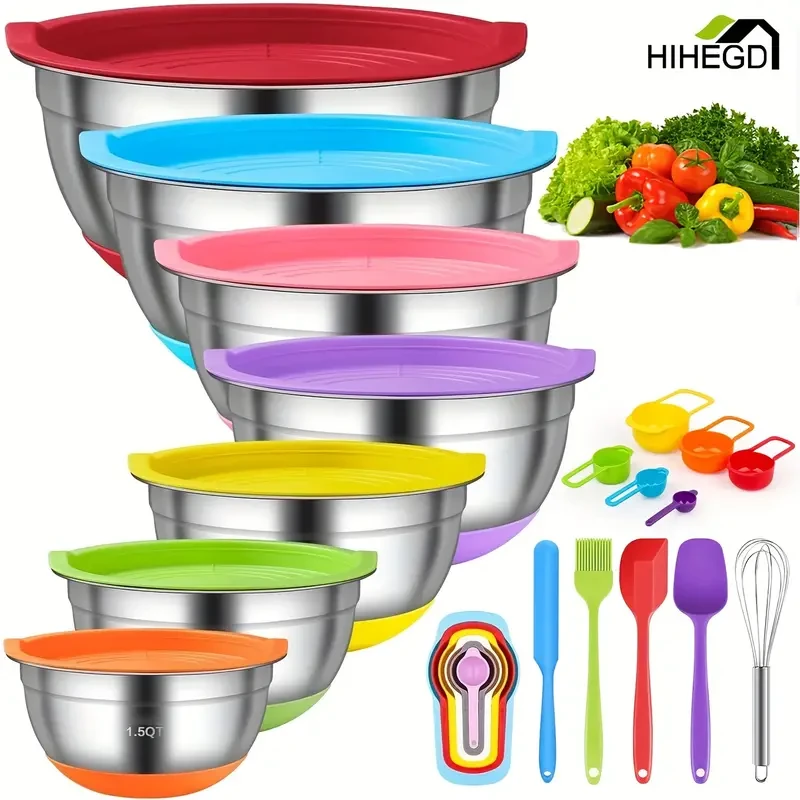 18pcs Stainless Steel Mixing Bowls Set with Airtight Lids - Non-slip Silicone Bottom