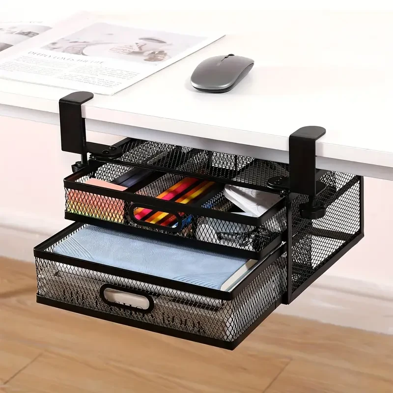 Metal Under Desk Drawer Organizer, 26x13.5x21cm, Dual Sliding Drawers, Drill-Free Secure Clamps