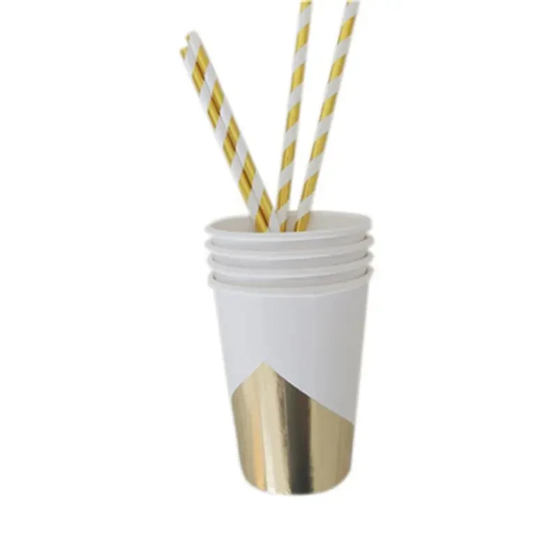 New Golden Paper Plate Cup Napkin Straw Happy Birthday Wedding Party