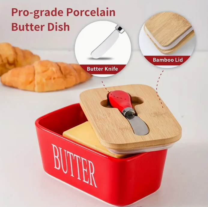 Large Ceramic Butter Dish with Bamboo Lid and Knife